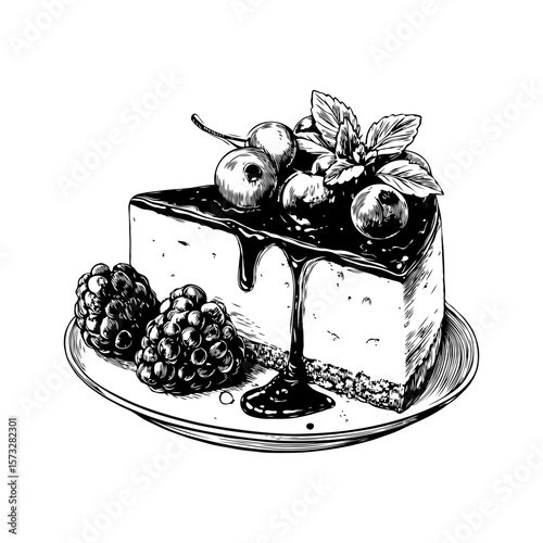 Slice of cheesecake topped with berries and sauce, hand-drawn ink style on white background. Concept of dessert, sweets, and bakery
