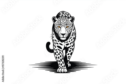 Majestic jaguar illustration walks forward on a white backdrop, displaying power and grace in its detailed design.
