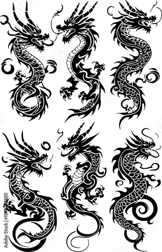 Oriental Dragon Tattoo Silhouette Design" vector bundle