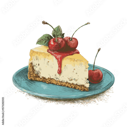 Slice of cheesecake with cherry topping and leaves on blue plate, hand-drawn style, white background. Dessert and sweet food concept