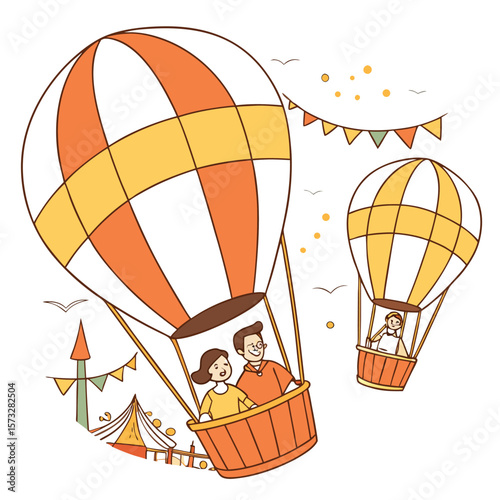 Joyful couple and child enjoying a scenic flight in colorful hot air balloons above a festive fairground with flags and birds flying