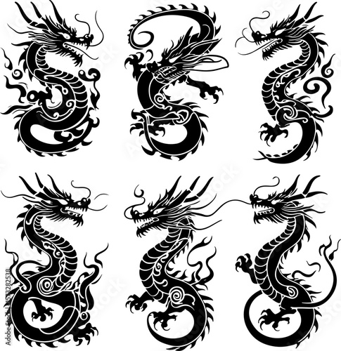 Oriental Dragon Tattoo Silhouette Design" vector bundle