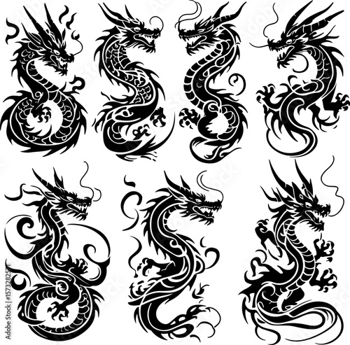 Oriental Dragon Tattoo Silhouette Design" vector bundle