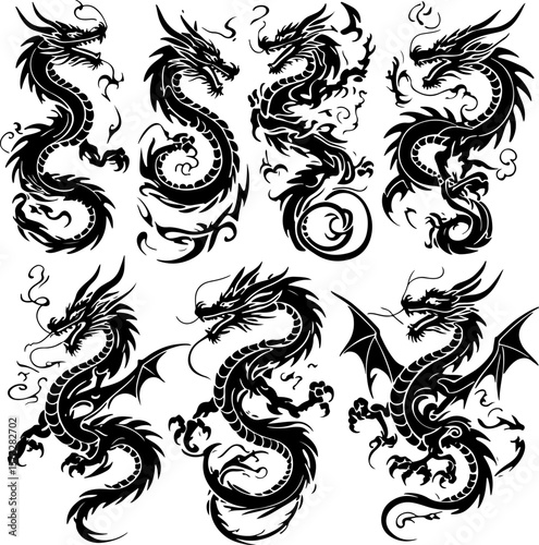 Oriental Dragon Tattoo Silhouette Design" vector bundle