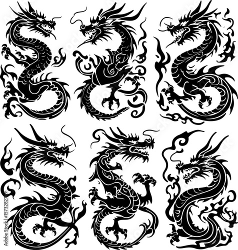 Oriental Dragon Tattoo Silhouette Design" vector bundle