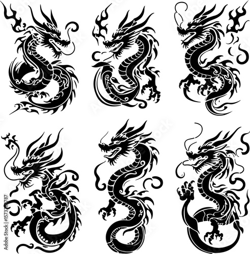 Oriental Dragon Tattoo Silhouette Design" vector bundle