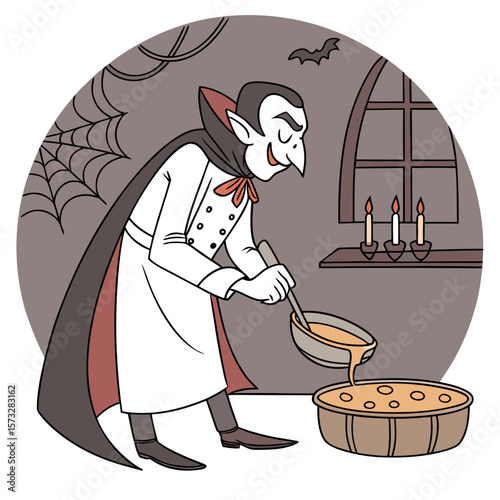 A cartoon vampire chef wearing a white coat and red bow tie is carefully ladling soup into a large bowl in a dimly lit room with a window and candles