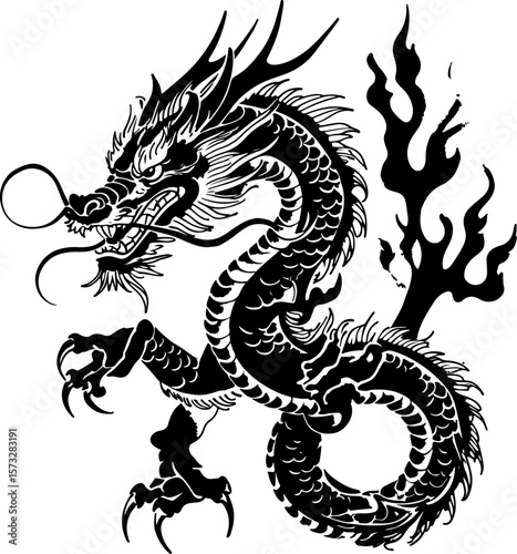 Oriental Dragon Tattoo Silhouette Design" vector bundle