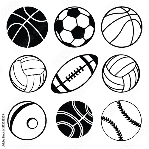Collection of Sport Balls Graphics Basketball, Soccer, Volleyball, Football, Baseball