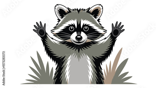 Cheerful raccoon waving its paws surrounded by grass on a clean white background providing a playful, animal illustration.