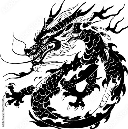 Oriental Dragon Tattoo Silhouette Design" vector bundle