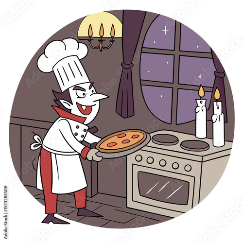 A cartoon vampire chef wearing a white chef hat and apron is happily holding a pizza and standing in front of a stove with candles lit in a spooky kitchen at night