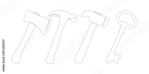 Black Silhouette Icons of Axe, Hammer, Mallet, and Vintage Key