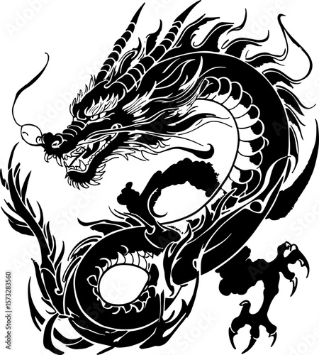 Oriental Dragon Tattoo Silhouette Design" vector bundle