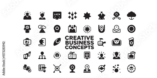 Collection of black and white creative business concepts icons on a white background design element