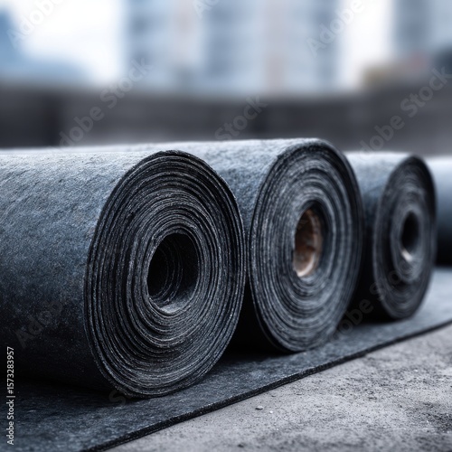 Stunning photo of rolled roofing materials closeup. Rolls of black bituminous membrane waterproofing. Industrial background, construction, renovation, refurbishment concept.