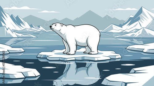 Polar bear stands on ice floe in arctic landscape with icy mountains and blue water, a winter scene.