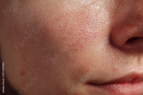 Close-up of facial skin with large pores and uneven texture, showing skin imperfections