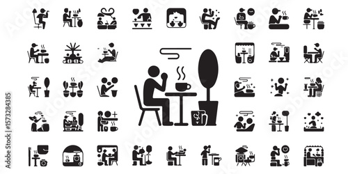 Collection of black and white icons depicting people eating and drinking in various settings and situations