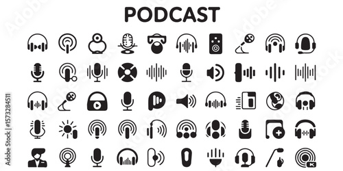 A collection of podcasting icons featuring microphones headphones and sound waves in black and white