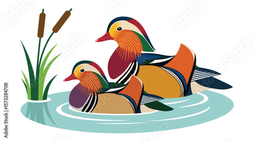 Two beautiful mandarin ducks gracefully swim in a pond near cattails creating a serene nature scene.