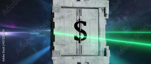 2:35:1 A massive brutalist crypto vault rotating in empty space, thick concrete textures with an engraved dollar sign symbol, heavy slow motion, soft glitch artifacts w/ futuristic surveillance lasers