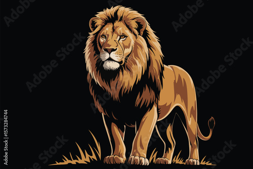 Majestic lion art stands powerfully against a black backdrop, showcasing strength and wildlife beauty in a stylized illustration.