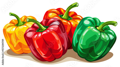 close up Shiny organic bell peppers in red, yellow, and green burst with color and natural shape, each one capturing garden variety beauty under gentle light on a white background.