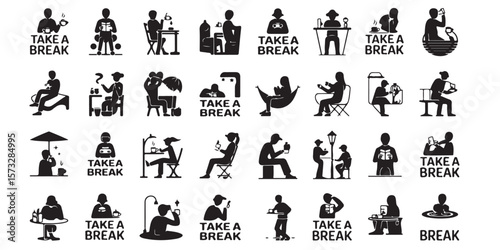 Collection of black and white icons showing people taking a break in various relaxing activities