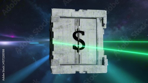 A massive brutalist crypto vault rotating in empty space, thick concrete textures with an engraved dollar sign symbol, heavy slow motion, soft glitch artifacts w/ futuristic surveillance lasers