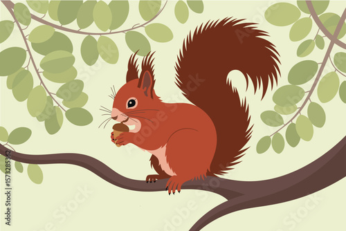 Cartoon squirrel sits on a branch eating an acorn with leaves in the background creating a whimsical illustration.