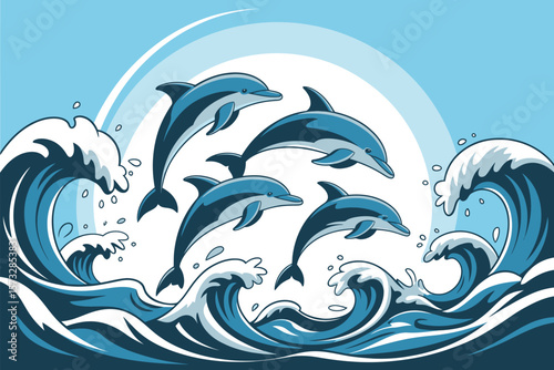 Dolphins leaping from blue ocean waves under a bright sky offers a cheerful marine illustration.