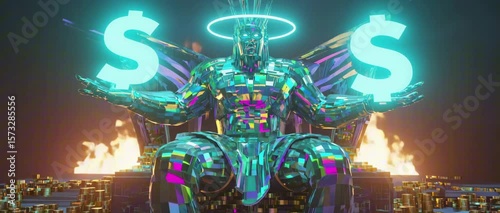 2:35:1 A giant digital deity holding glowing green dollar signs, sitting on a throne made of gold coins, flames behind it, aura around its head, greed visual