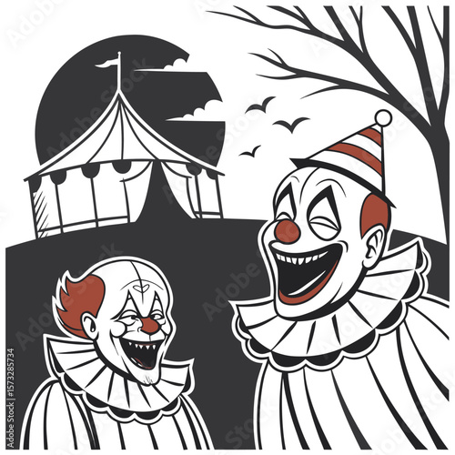 Two happy clowns with exaggerated smiles and ruffled collars stand in front of a circus tent under a large moon with birds flying overhead and a bare tree branch