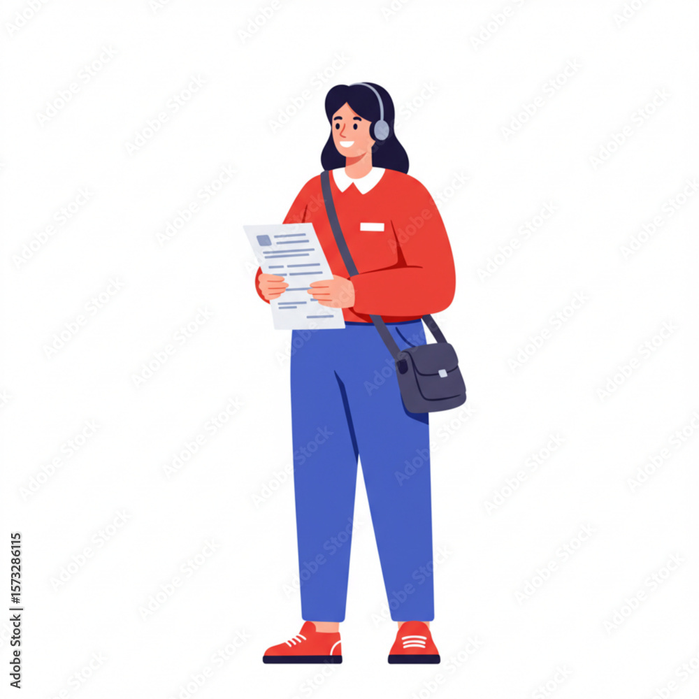 A smiling woman wearing headphones and reading a document, carrying a messenger bag. A smiling woman wearing headphones and reading a document, carrying a messenger bag.