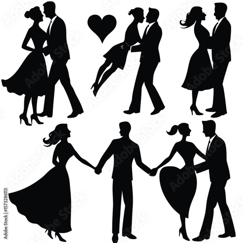 Romantic Silhouette Couples: Elegant Black and White Vector Illustrations for Wedding, Love, and Romance Designs.