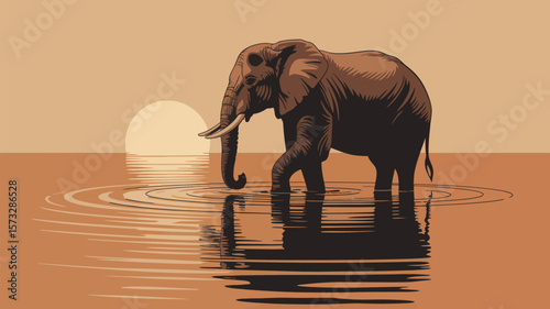 Majestic elephant wades through calm waters at sunrise, creating a serene and peaceful wildlife moment in its natural habitat.