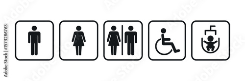 Collection of universal accessibility and gender specific restroom icons including male female combined wheelchair and baby changing station symbols
