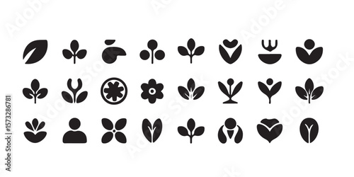 A collection of twenty four black and white plant and flower icons in a grid arrangement on white