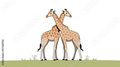 Two giraffes stand neck to neck in a heartwarming moment of unity, showcasing nature's beauty and animal companionship on grass.