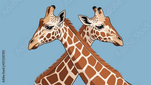 Two giraffe heads cross each other on blue background, showing spotted pattern, and cartoonish style for children related project.