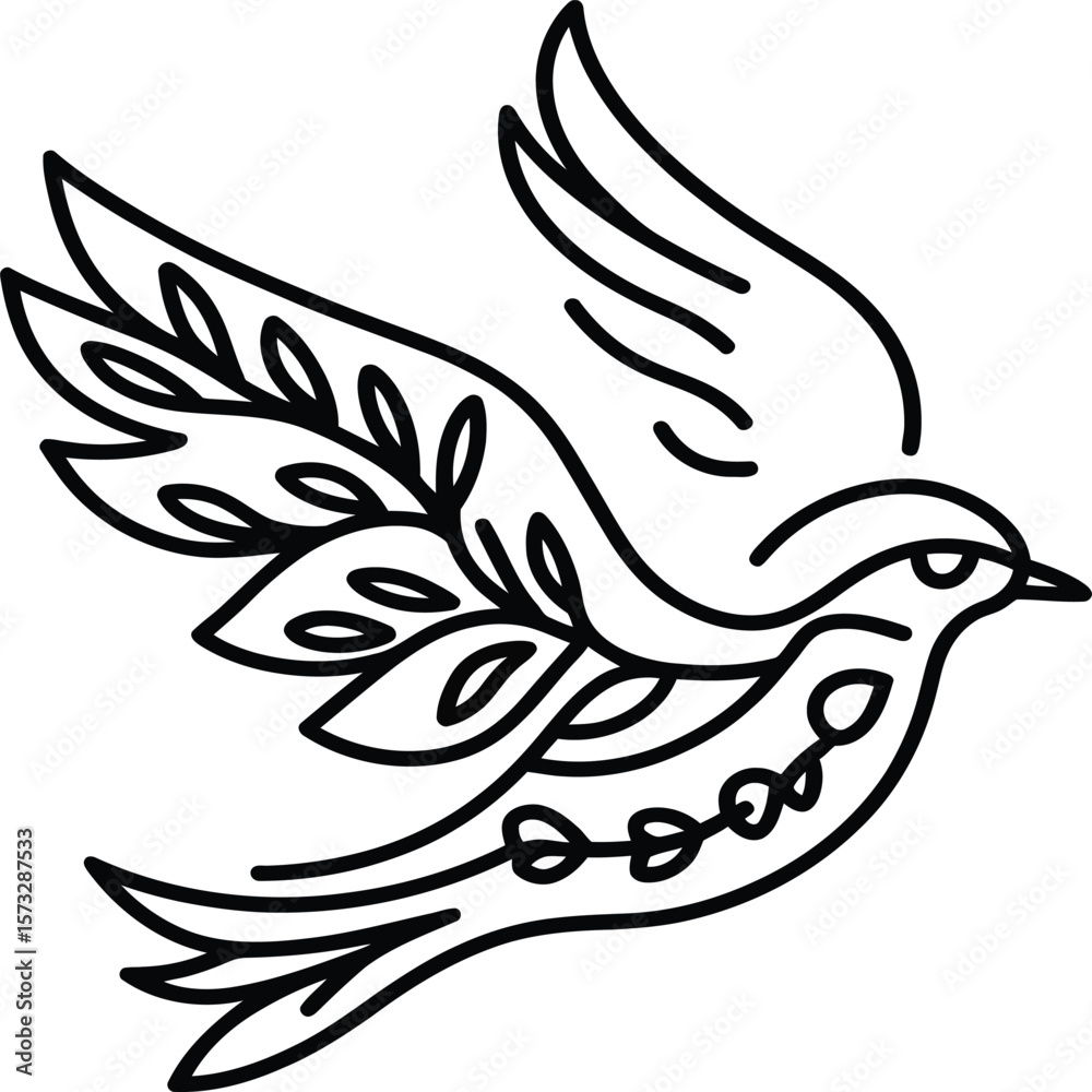 Obraz premium A minimalist illustration of a bird in flight, featuring flowing lines and intricate leaf patterns. The design captures a sense of freedom and grace, making it ideal for nature-themed projects, artist