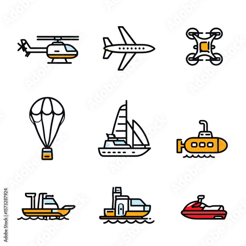 Air and Water Vehicles Line Art Helicopter, Boat, Drone
