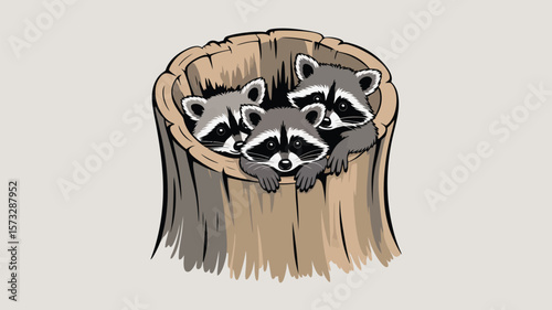 Three adorable raccoons peek out from inside a hollow tree stump, showcasing wildlife and woodland creatures.
