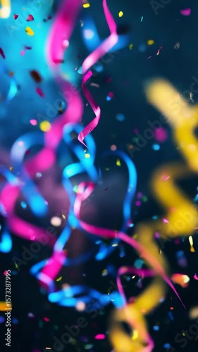 Dynamic Neon Birthday Scene with Floating Confetti and Vibrant Ribbons on a Dark Festive Background