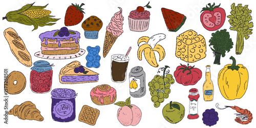 A whimsical set of hand-drawn sketches with splashes of color, Dolce Vita is inspired by the Mediterranean lifestyle. Includes food, drinks, flowers, summer decor and travel items.