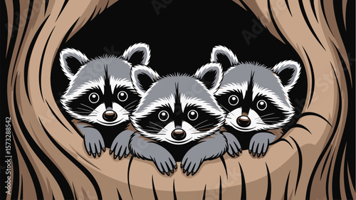 Adorable trio of cartoon raccoons peering out from a cozy tree hollow, a charming wildlife illustration.
