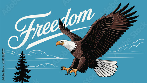 Bold eagle soars high near a pine tree with the word Freedom on a blue sky, showcasing wildlife and nature.