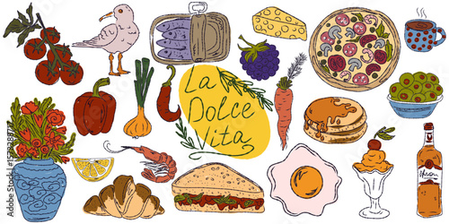 A whimsical set of hand-drawn sketches with splashes of color, Dolce Vita is inspired by the Mediterranean lifestyle. Includes food, drinks, flowers, summer decor and travel items.