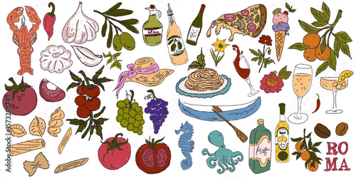 A whimsical set of hand-drawn sketches with splashes of color, Dolce Vita is inspired by the Mediterranean lifestyle. Includes food, drinks, flowers, summer decor and travel items.